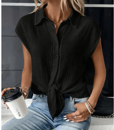 Blusa Casual de Botones con Cordones y Color Sólido para el Día a Día - Image 3