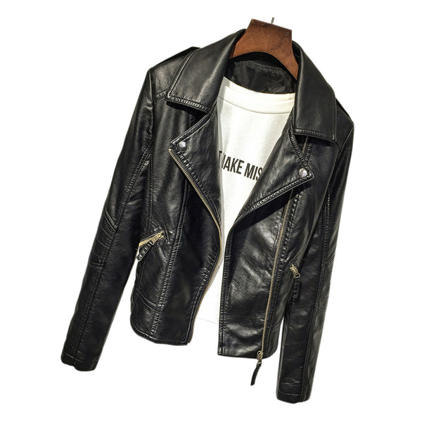Chaqueta de Cuero Motociclista Lavada con Solapa Corta