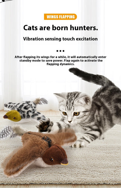 Electric simulation bird cat toy with black and white speckled plush body, olive green head, and feathered tail. Includes a black sling for hanging and USB char - Image 20