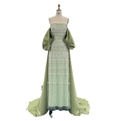 Vestido de Noche Satinado con Cuentas y Hombros Descubiertos - Image 6