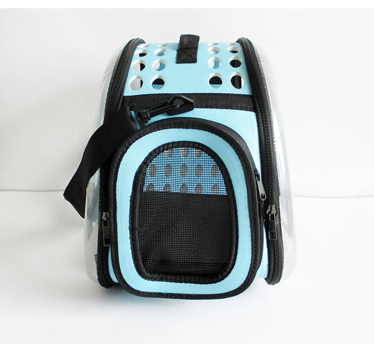 Gray and black pet carrier with a clear bubble window featuring paw prints and a mesh side for ventilation. - Image 29