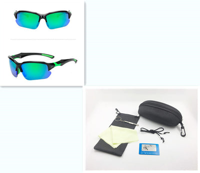 Black sports sunglasses with blue polarized lenses, shown from a front view and a three-quarter side view. - Image 33