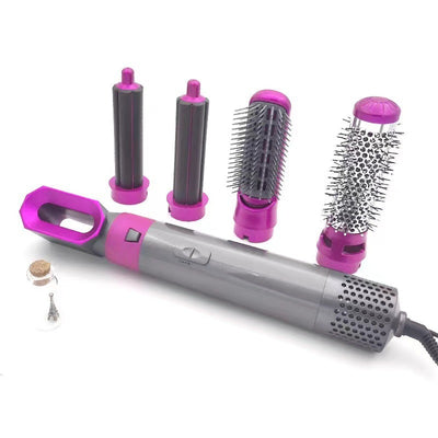 5-in-1 hot air comb hair dryer set with multiple rose red and gray attachments in a white tray. - Image 17