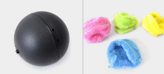Black electric pet toy ball with four colorful plush covers in pink, lime green, yellow, and blue. - Image 7