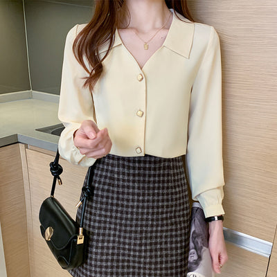 Blusa Profesional Cuello V Chifón Manga Larga Estilo Coreano Suelta - Image 8
