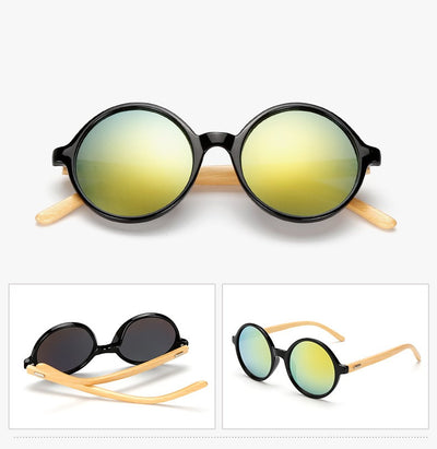 Round black frame sunglasses with gray lenses and light wood bamboo temples, shown from multiple angles. - Image 19