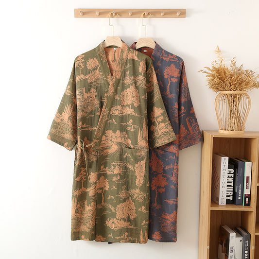 Bata Kimono Larga de Gasa de Algodón para Hombre