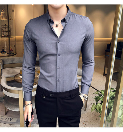 Camisa Manga Larga Estilo Gentleman Británico de Color Sólido - Image 20