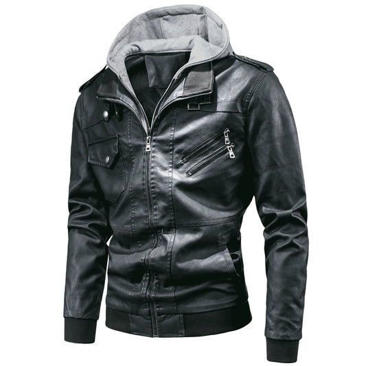 Chaqueta de Cuero PU Desmontable con Capucha para Hombre