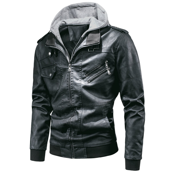 Chaqueta de Cuero PU Desmontable con Capucha para Hombre