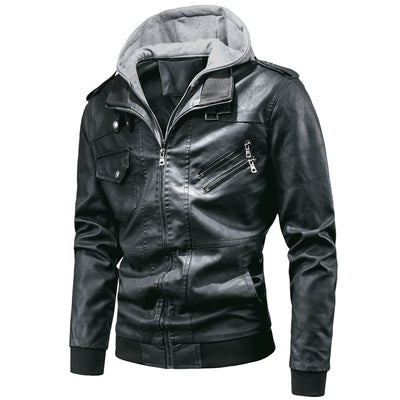 Chaqueta de Cuero PU Desmontable con Capucha para Hombre