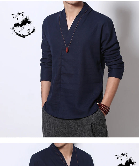Camisa Lino Manga Larga Estilo Chino Retro para Hombre - Image 5
