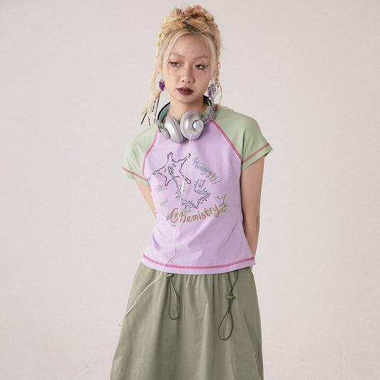 Camiseta Manga Corta Cuello Redondo con Contraste para Mujer