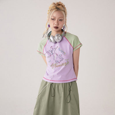 Camiseta Manga Corta Cuello Redondo con Contraste para Mujer