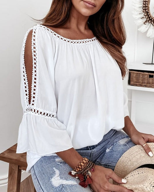 Blusa Mujer Encaje Escote Palabra de Honor Manga Corta Irregular - Image 3