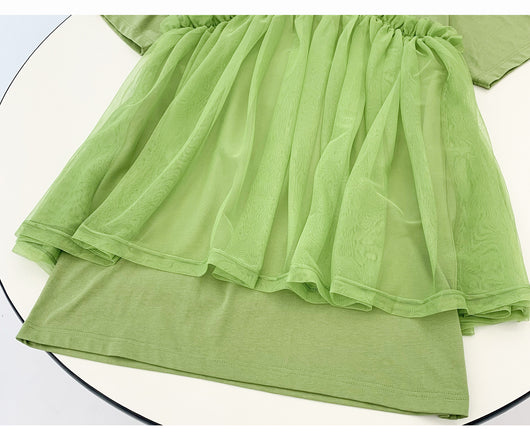 Vestido Mini Verde con Detalles de Tul y Diseño T-shirt - Image 13