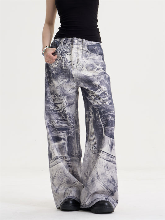 Jeans Rectos Oversize Vintage Desteñidos con Estampado Degradado para Mujer - Image 2