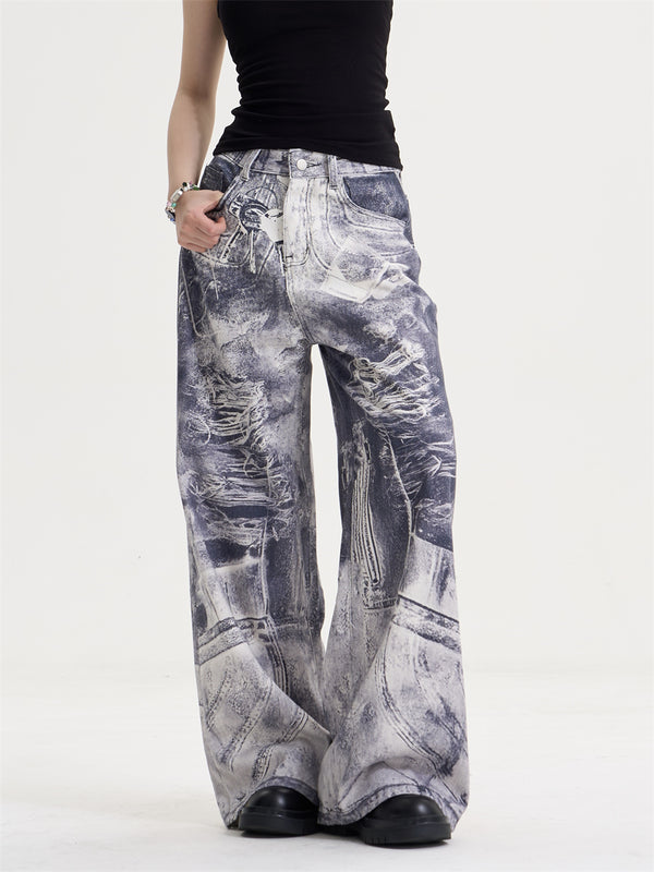 Jeans Rectos Oversize Vintage Desteñidos con Estampado Degradado para Mujer