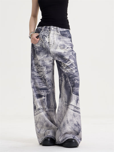 Jeans Rectos Oversize Vintage Desteñidos con Estampado Degradado para Mujer - Image 2