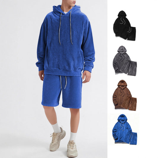Conjunto de Sudadera con Capucha y Shorts en Fleece Coral para Hombre Talla Grande