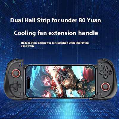 X3 stretching game controller with a blue left grip, red right grip, and a central cooling fan.
