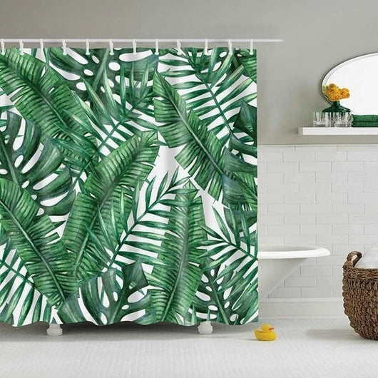 Tropical shower curtain with a vibrant green leaf print, including monstera and palm leaves, on a white background. - Image 10