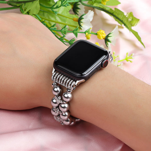 Correa Apple Watch Doble Fila con Flores de Circón y Perlas - Image 5
