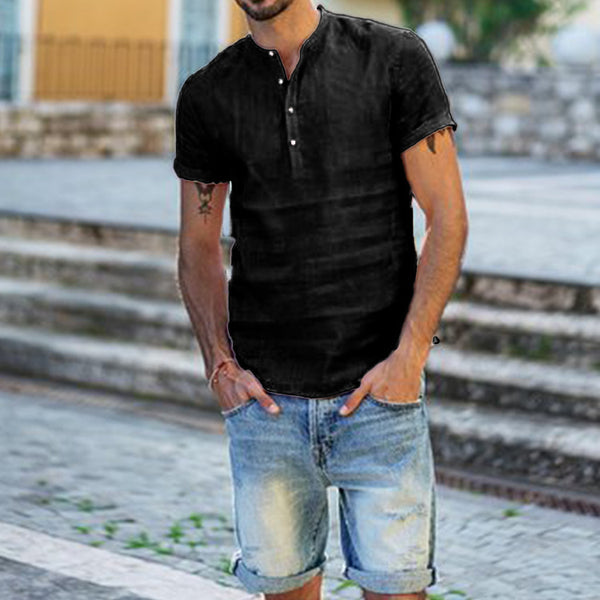 Camisa de Lino y Algodón con Cuello de Pie de Manga Corta - Image 28
