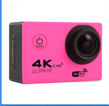 Pink 4K Ultra HD waterproof sport camera in a clear protective case with a black mount adapter. - Image 9