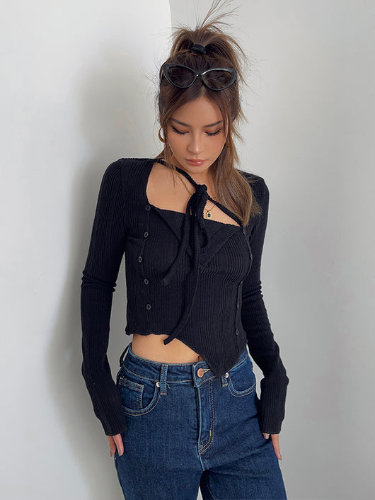 Blusa Larga con Cordones Irregulares y Superposición de Encaje - Image 9