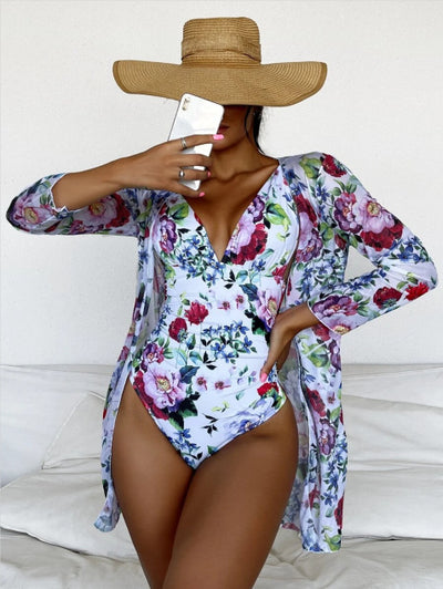 Traje de Baño Tres Piezas con Estampado Botánico Plisado - Image 12