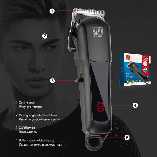Black electric hair clipper with a silver blade, digital display showing '100', and a hanging loop.