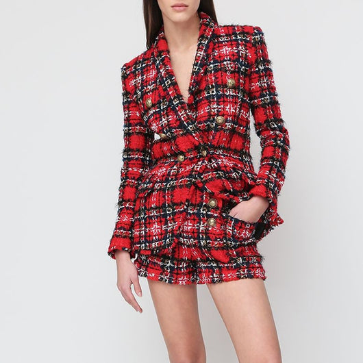 Blazer Tweed Cuadros Doble Botonadura con Cuello Flequeado