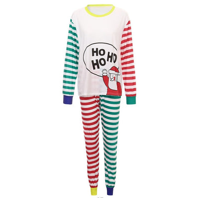 White, red, and green striped pajama set with a cartoon Santa Claus and "HO HO HO" text on the top. - Image 14