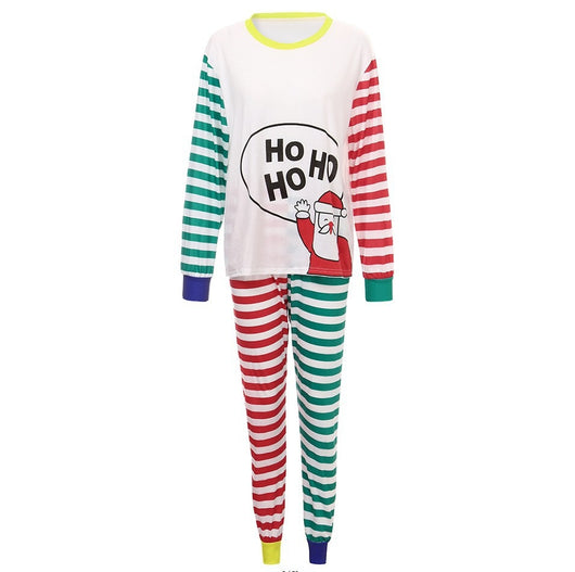 White, red, and green striped pajama set with a cartoon Santa Claus and "HO HO HO" text on the top. - Image 14