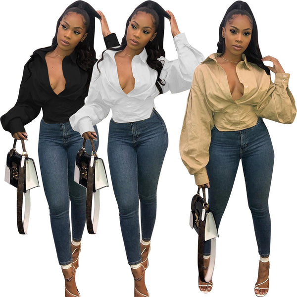 Blusa Elegante de Manga Linterna Ajustada en Color Sólido