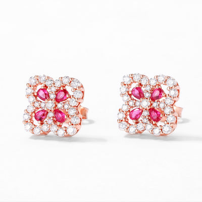 Aretes de Plata S925 Flor de Cuatro Pétalos con Piedra Roja Cultivada para Mujer - Image 10