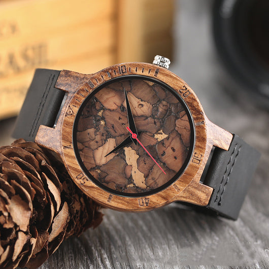 Reloj Casual de Madera para Hombre con Esfera de Hoja Tallada