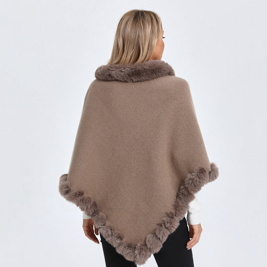 Poncho Tipo Capa de Punto Grueso con Cuello de Pelaje - Image 3