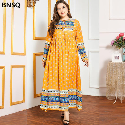 Vestido Largo Floral Amarillo con Mangas Largas y Cintura Ajustada