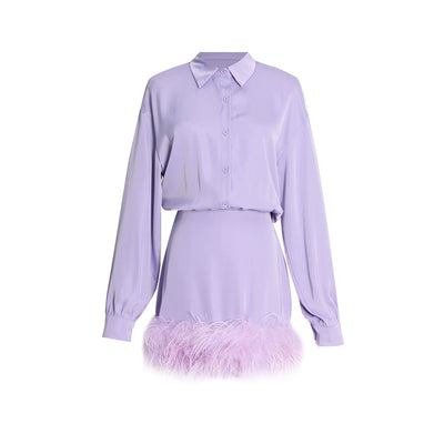 Vestido Camisero Satinado con Plumas - Manga Larga Color Sólido - Image 6