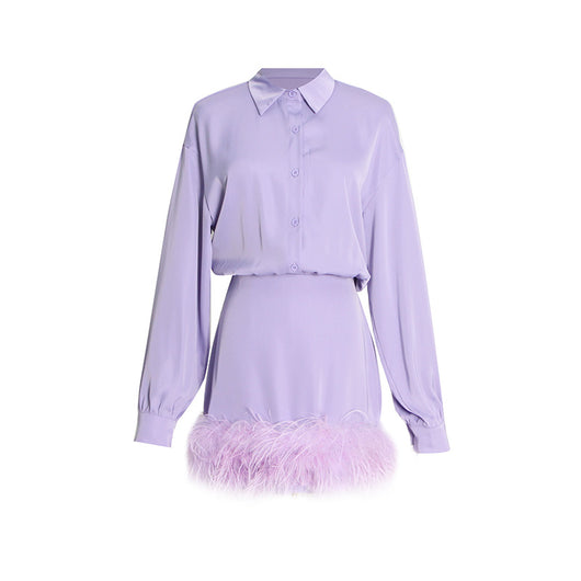 Vestido Camisero Satinado con Plumas - Manga Larga Color Sólido - Image 6