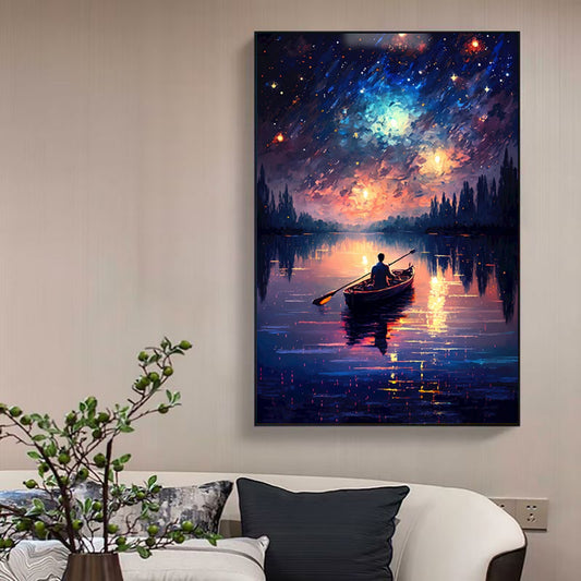 Cuadro de Arte Óleo Pintado a Mano - Lago Nocturno Bajo Cielo Estrellado