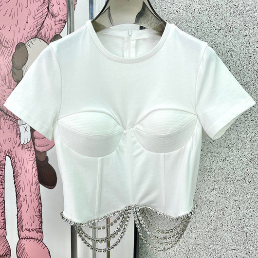 Blusa Francesa de Pedrería con Corte Tridimensional, Ajustada y Manga Corta para Mujer - Image 14