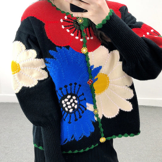 Blusa Tejida Étnica con Contraste de Colores y Flores