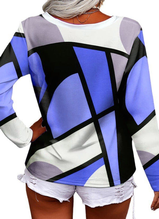 Blusa Suelta de Cuello V Manga Larga con Estampado Geométrico - Image 5
