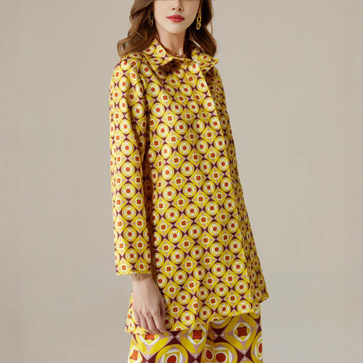 Conjunto Retro Geométrico para Mujer - Blusa y Pantalón de Manga Larga