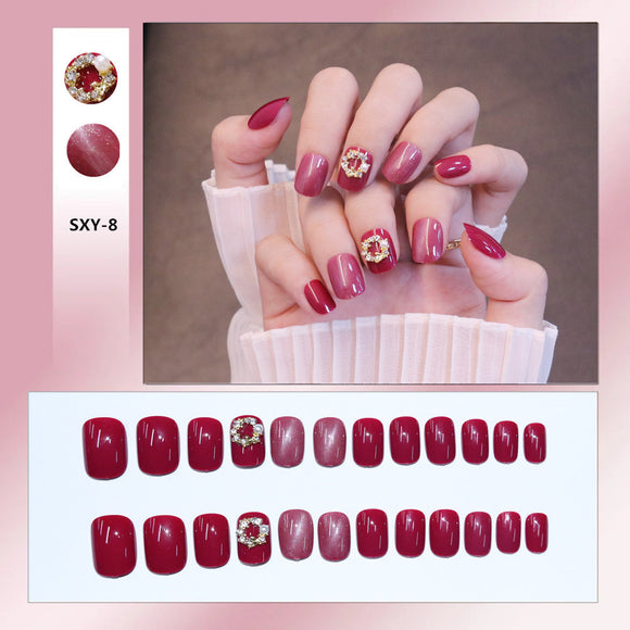 Uñas Postizas con Diseño Ojo de Gato Rojo Rosa - Acabado Profesional