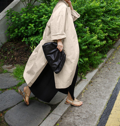 Abrigo Tipo Trench Shirt Dress Largo de Lino y Algodón con Abertura - Image 8