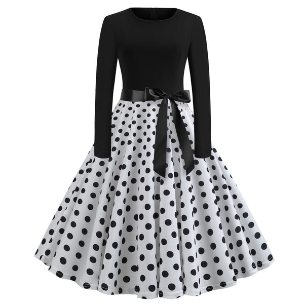 Vestido Retro Manga Larga Cuello Redondo con Estampado Sexy